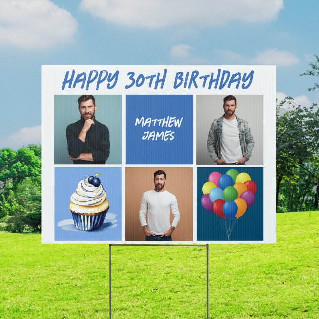 Mens Photo Collage Custom Blue Birthday Party Yard Sign (Creator Uploaded)