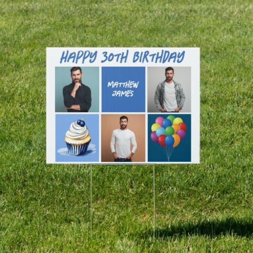 Mens Photo Collage Custom Blue Birthday Party Yard Sign