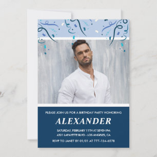 Mens Photo Navy Blue 34th birthday invitations 