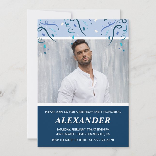 Mens Photo Navy Blue 56th birthday invitations  (Front)