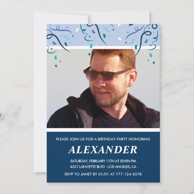 Mens Photo Navy Blue 66th birthday invitations  (Front)