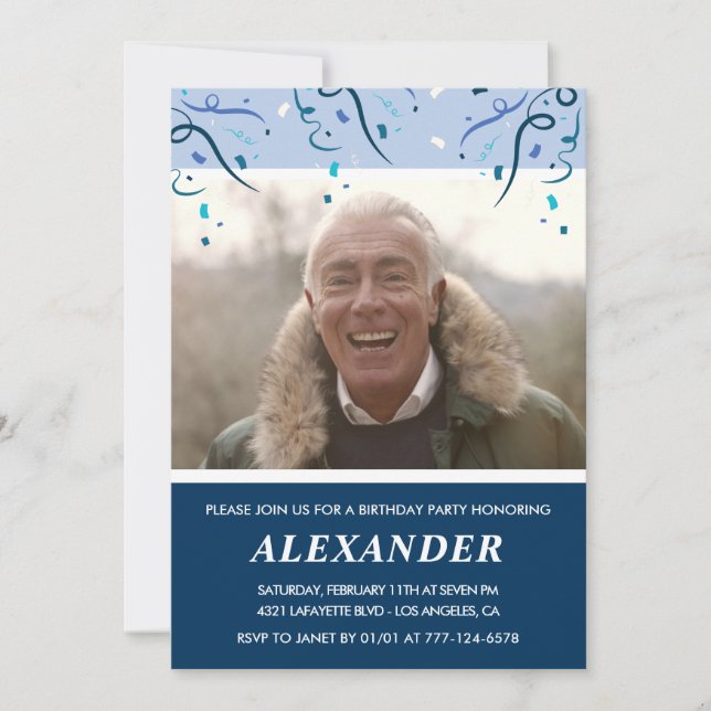 Mens Photo Navy Blue 76th birthday Invitation (Front)