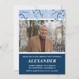 Mens Photo Navy Blue 92nd birthday Invitation