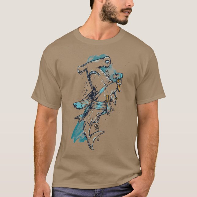 Mens Pirate Hammer Head Shark T-Shirt in Color (Front)