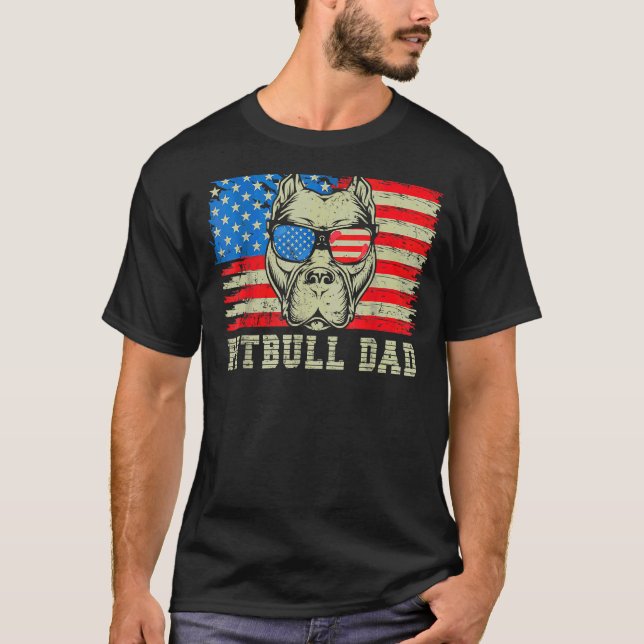 Mens Pitbull Dad American Pit Bull Dog Us Flag 4th T-Shirt (Front)