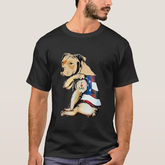 Mens PitBull Dog Tattoo I Love Dad  T-Shirt (Front)