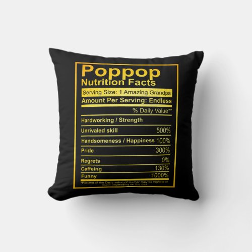 Mens Poppop Nutrition Facts Fathers Day Funny Throw Pillow