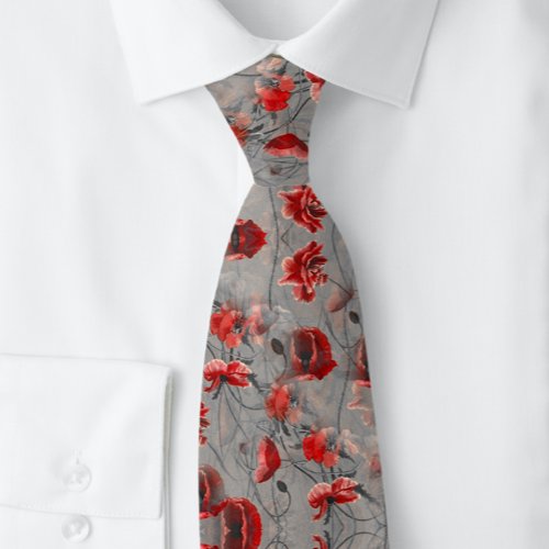 Mens Poppy Red on Gray Botanical  Neck Tie