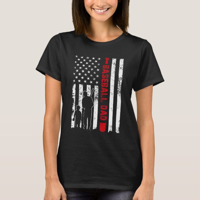 Mens Proud Baseball Dad American Flag Sports T-Shirt (Front)
