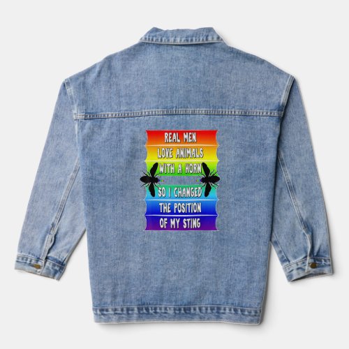 Mens Real Men Pride LGBTQ Bees Funny Gay Rainbow B Denim Jacket