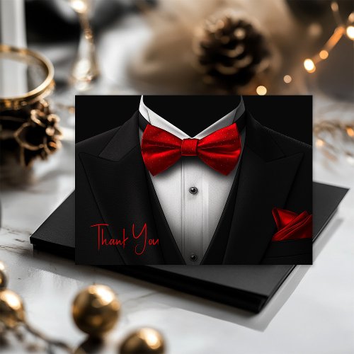 Mens Red Black Tuxedo Birthday Party Thank You Card