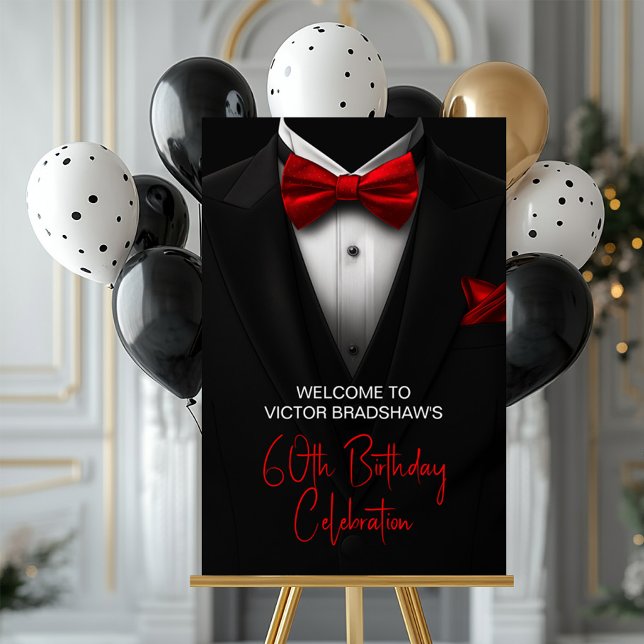 Mens Red Black Tuxedo Birthday Party Welcome Sign (Tuxedo with red bow tie party and event sign. Simply add your event details.)