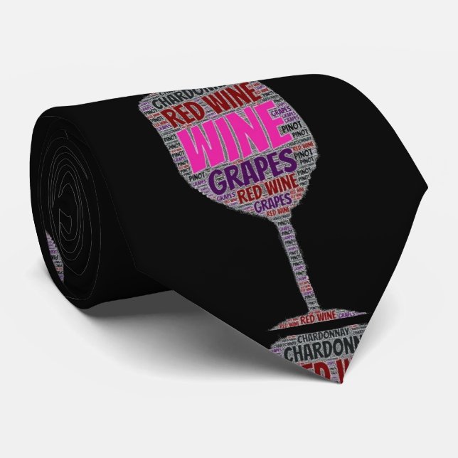 Mens Red White Wine Glass Graphic Black Neck Tie (Rolled)