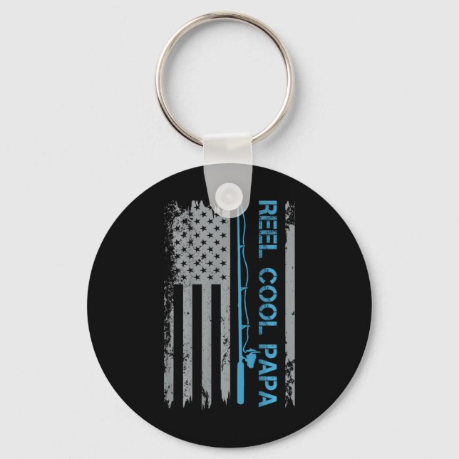 Mens Reel Cool Papa Fishing Us Flag Patriotic 4th  Keychain (Front)