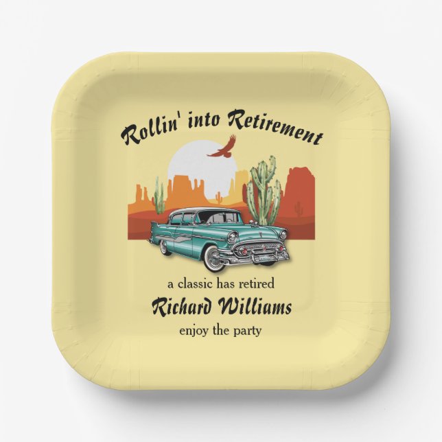 Men's Retirement Retro Classic Blue Car Desert  Paper Plates (Front)