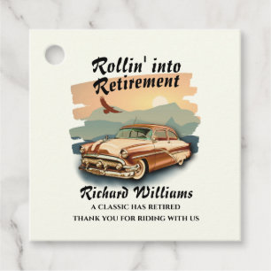 Men's retirement retro classic car desert sunset  favor tags
