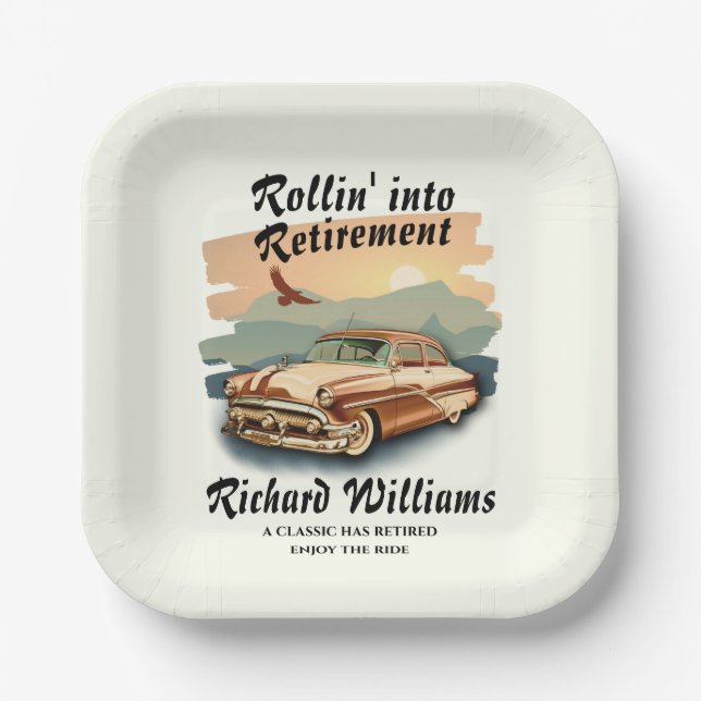 Men's retirement retro classic car desert sunset  paper plates (Front)