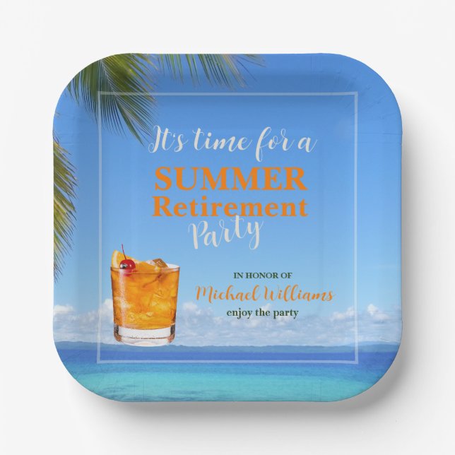 Men's Retirement Summer Ocean Cocktail Party Paper Plates (Front)