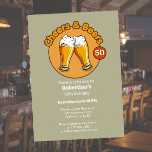 Men's Retro Cheers & Beers Glasses 50th Birthday Invitation