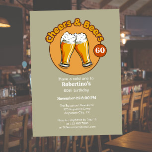 Men's Retro Cheers & Beers Glasses 60th Birthday Invitation