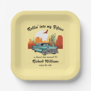 Men's Retro Classic Blue Car Desert 50th Birthday Paper Plates