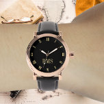 Mens Rose Gold Vintage Initial Black Leather Strap Watch<br><div class="desc">Create your own custom, personalized, elegant stylish cool unique classy faux gold and black hours, monogrammed, mens rose gold retro vintage look style black leather strap watch. Simply type in your name / monogram / initials, to customize. Makes a great gift, for birthday, graduation, fathers day, christmas, holidays, wedding, marriage...</div>