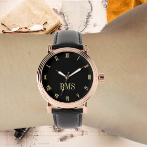 Mens Rose Gold Vintage Initial Black Leather Strap Watch