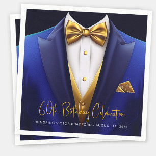 Mens Royal Blue Gold Tuxedo Birthday Party Napkins