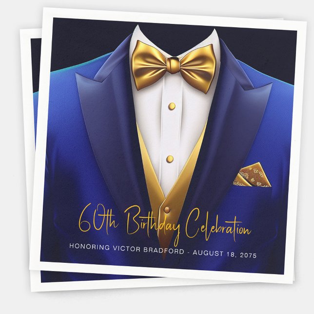 Mens Royal Blue Gold Tuxedo Birthday Party Napkins (Mens royal blue gold birthday party napkins and any occasion or event. Simply add your details.)
