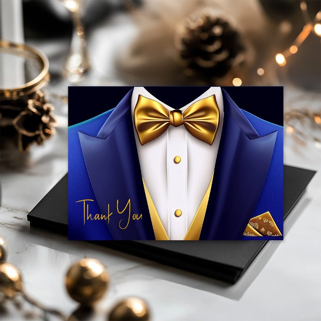 Mens Royal Blue Gold Tuxedo Birthday Party Thank You Card (Mens royal blue and gold thank you card. Add your printed message, or leave blank for hand written.)