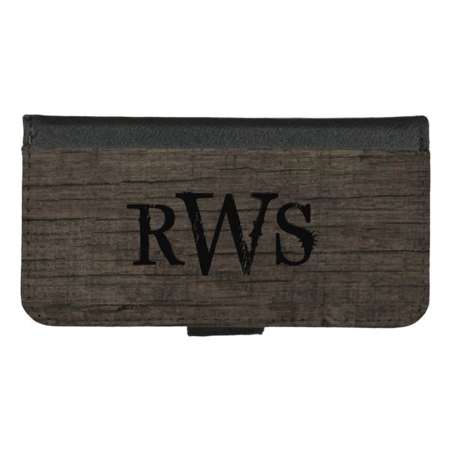 Mens Rustic Country Western Wood Monogram iPhone Wallet Case (Front (Horizontal))