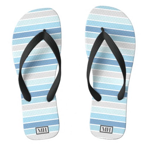 Mens Shades of Blue Striped Monogram _ Flip Flops