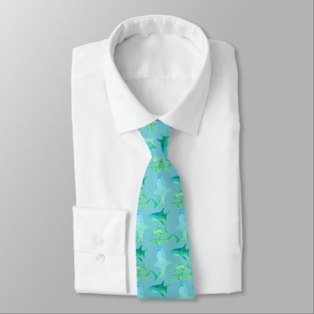Mens Shark Tie-aqua Blues & Greens Neck Tie