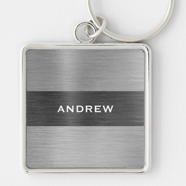 Mens simple Modern Silver Monogram Name  Keychain (Front)