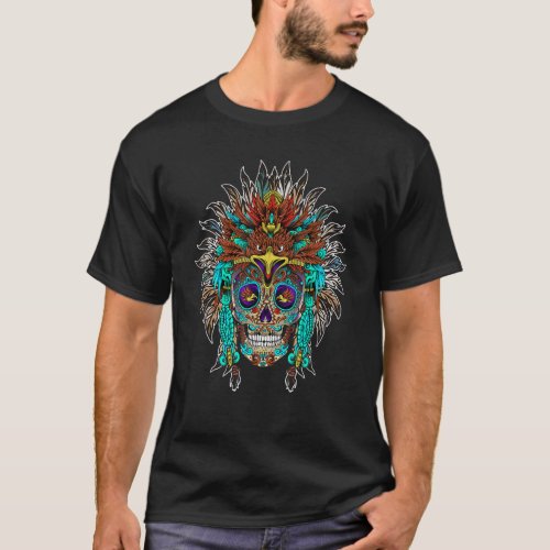 Mens Skull with eagle feather headdress hat Columb T_Shirt