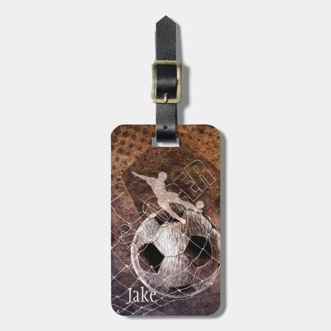 mens soccer grunge player kicking luggage tag (Front Vertical)