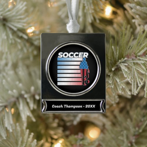 Men's Soccer Patriotic USA Flag  Silver Plated Banner Ornament
