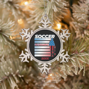 Men's Soccer Patriotic USA Flag Snowflake Pewter Christmas Ornament