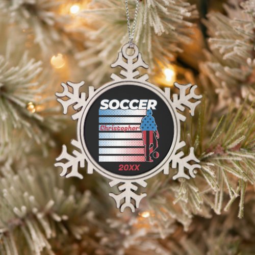 Men's Soccer Patriotic USA Flag  Snowflake Pewter Christmas Ornament