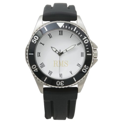 Mens Sporty Rugged Monogrammed Black Rubber Strap Watch