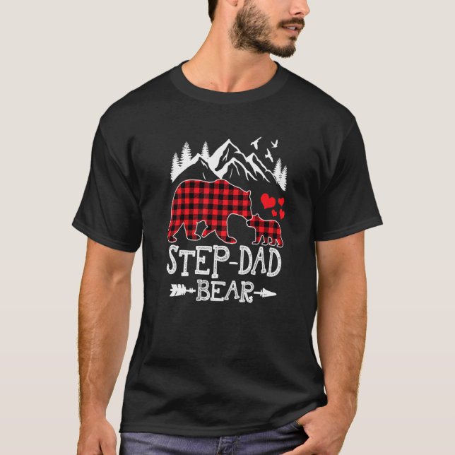 Mens Step dad Bear Family Christmas Red Buffalo Pl T-Shirt (Front)