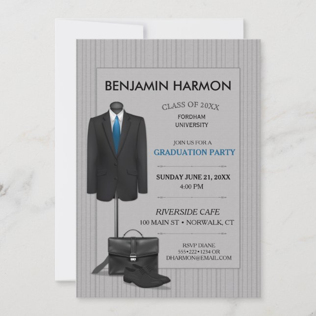 Men's Suit Pinstripe Masculine Business Graduation Invitation (Front)