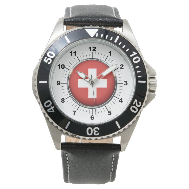 Men's Switzerland Flag Black Leather Strap Watch (Front)