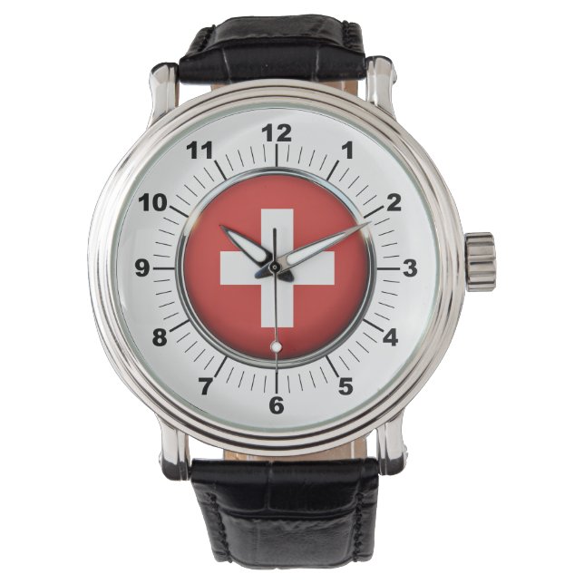 Men's Switzerland Flag Vintage Black Leather Watch (Front)