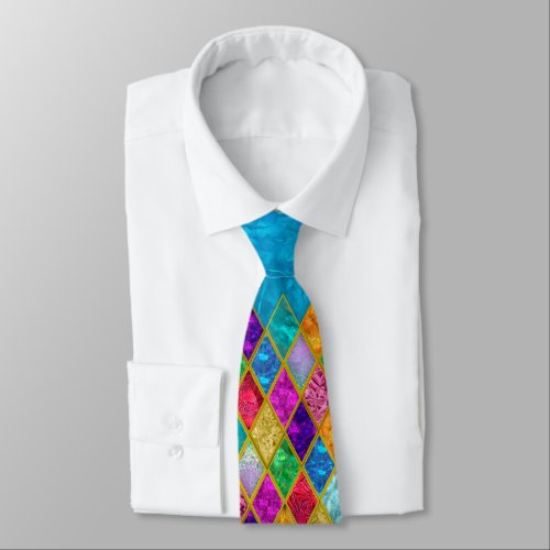 Mens Tie Colorful Jewels Design Isolated on Blue Neck Tie