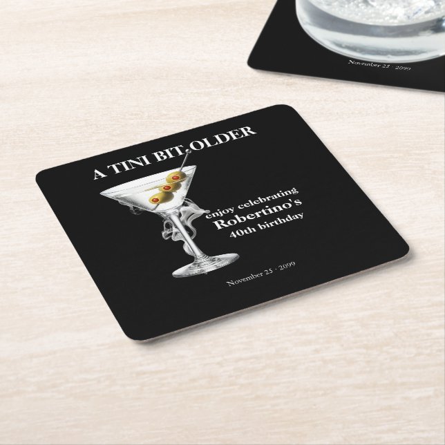 Men's Tini Bit Older Martini 40th Birthday Square Paper Coaster (Angled)