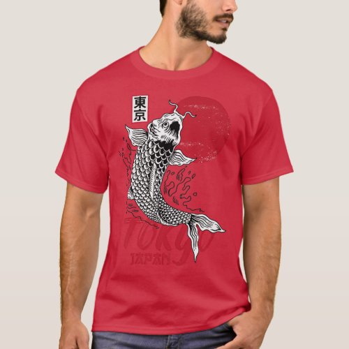 Mens Tokyo  Japan Design with Koi Carp in Red and  T_Shirt