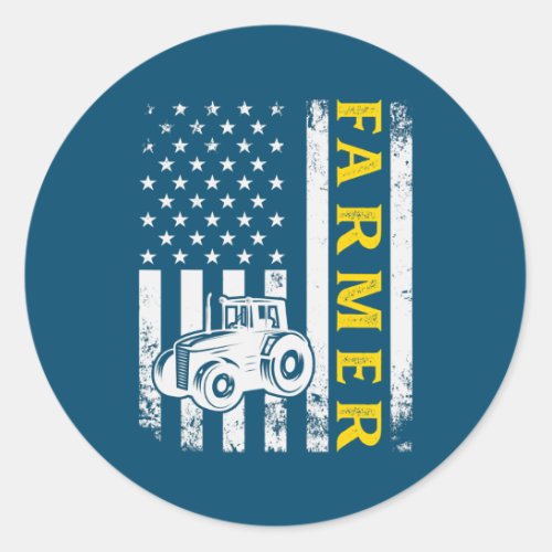 Mens Tractor American USA Flag Funny Farmer Classic Round Sticker