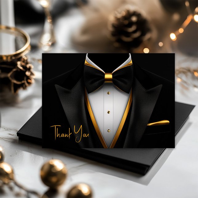 Mens Tuxedo Black Gold Birthday Party Thank You Card (Mens black and gold thank you cards with tuxedo design. Add your printed message or leave blank.)