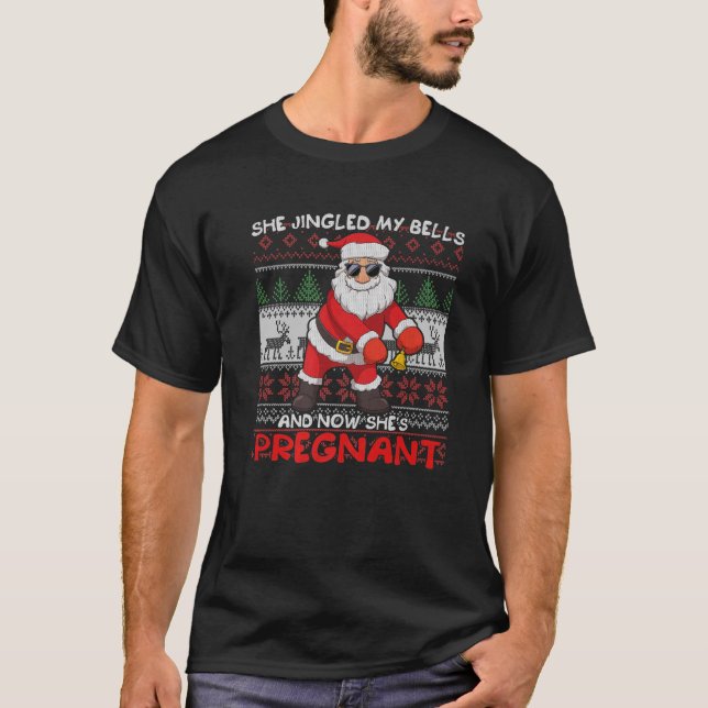 Mens Ugly Christmas Pregnancy Announcement She Jin T-Shirt (Front)